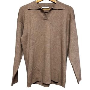Mapcie Tan Knit Polo Sweater Long Sleeve Pullover Size Large Lounge Casual